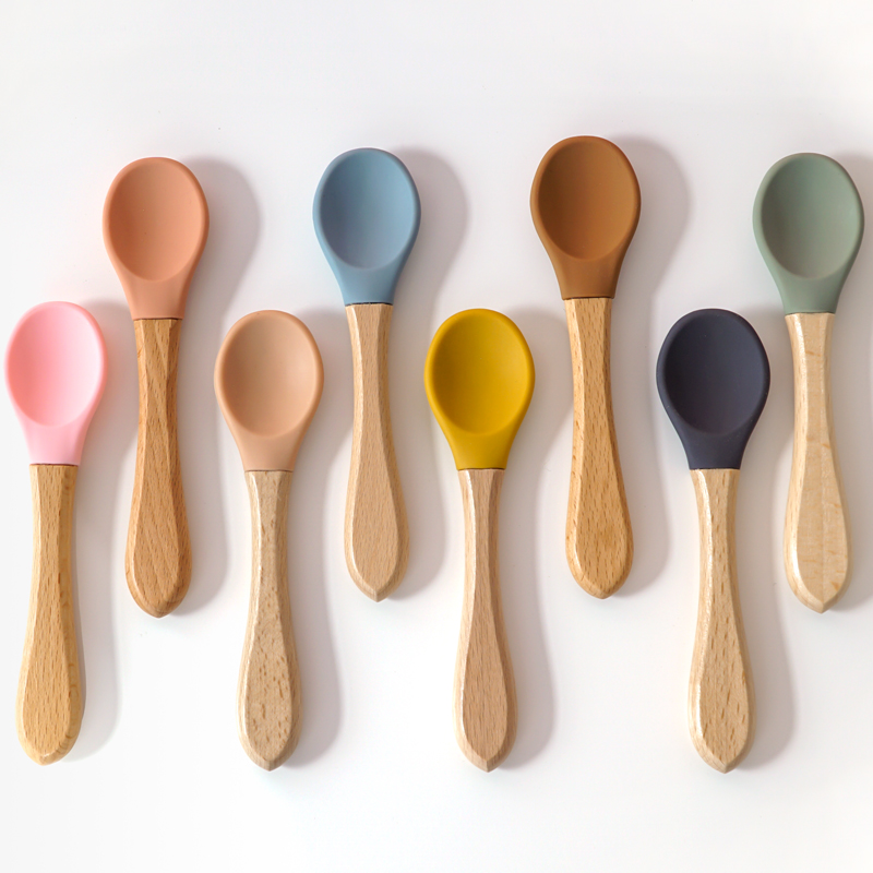 Puree Baby Food - Feeding Wooden Handle Silicone Spoon For